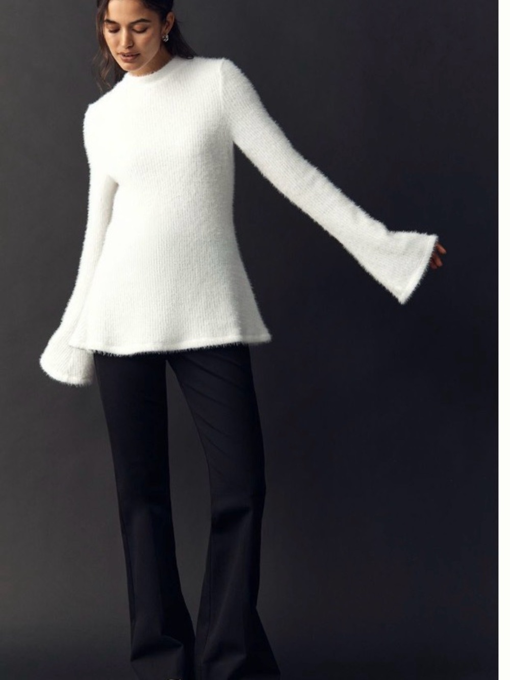 Anthropologie White Fuzzy Flared-Sleeve Crewneck Sweater